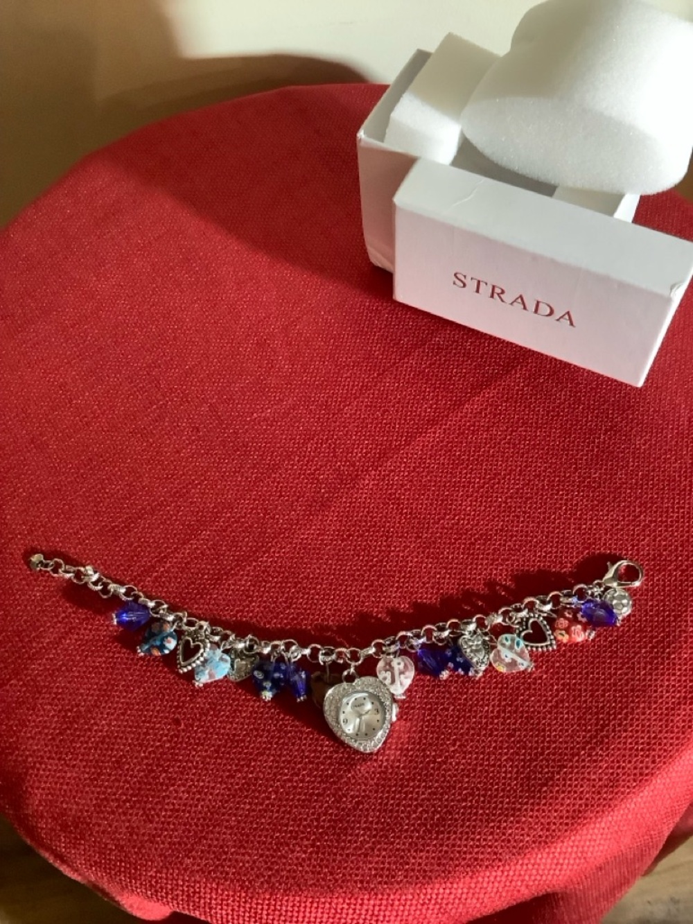 STRADA Silver-Tone Heart Charm Bracelet watch with Blue and Pink Accents